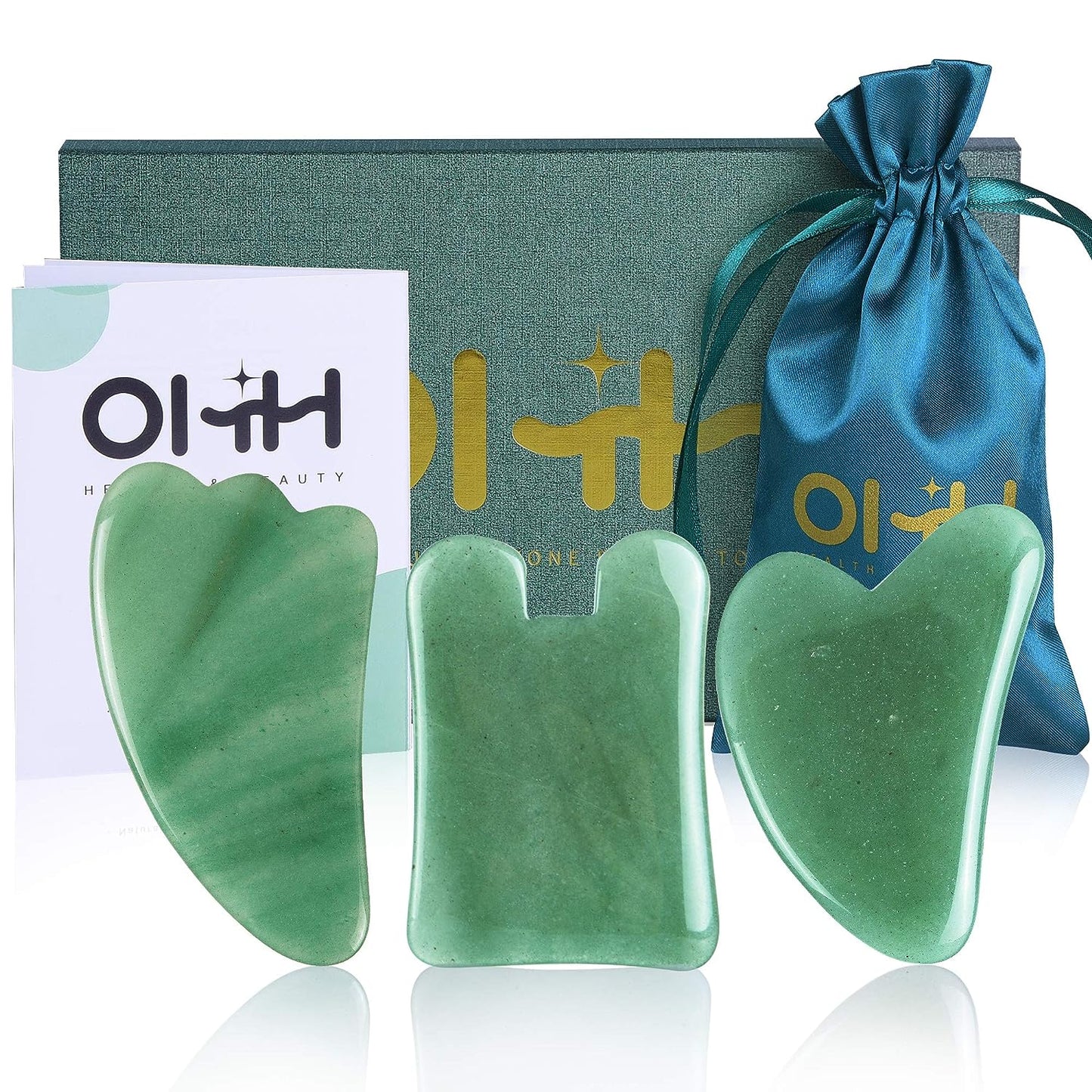 Gua Sha Massage Tools Set, Aventurine Natural Stone Guasha Board for Face and Body, Skincare Gua Sha Facial Massager for SPA Acupuncture Therapy Trigger Point Treatment, Pack of 3
