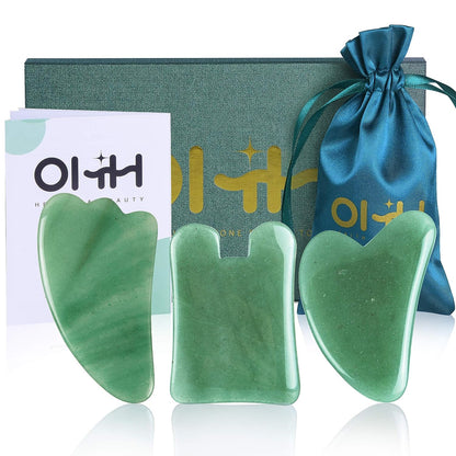 Gua Sha Massage Tools Set, Aventurine Natural Stone Guasha Board for Face and Body, Skincare Gua Sha Facial Massager for SPA Acupuncture Therapy Trigger Point Treatment, Pack of 3